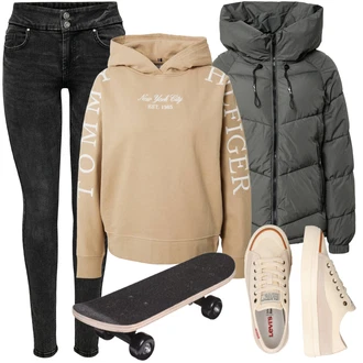 Outfit s Béžová Mikina s kapucí Mikina Tommy Hilfiger "Pohodlný skate outfit"
