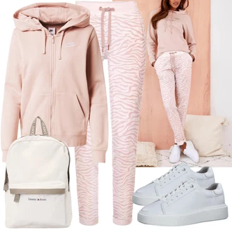 Outfit s Růžová/Béžová/Modrá Mikina Na Zip/Mikina Nike Sportswear "Speciální Soft Girl Outfity"