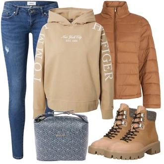 Outfit s Béžová Mikina s kapucí Mikina Tommy Hilfiger "Stylový Streetwear Outfit"