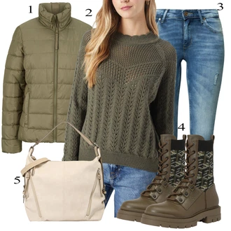 Military Outfit s Hnědá/Tmavě zelená/Khaki Bojová Bota/Šněrovací Kozačka Guess "Podzimní Outfit"Look: Military, Armáda