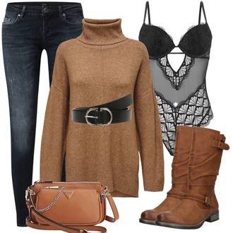 čipka Outfit sa Crna Grudnjak prsnog kroja/Bralette Grudnjak/Čipkasti Bodiji/Korselet/Mesh Bodij/Čipkasti grundjac Lascana "Trendi zimski outfit"