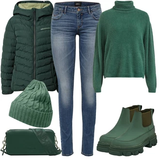 Outfit s Tmavě Zelená/Zelená Chelsea Boty/Kožená bunda/Teniska na platformě/Veganská Bota/Gumová Kotníková Bota Edited "Trendy Zimní Vzhled"