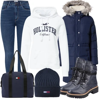 Outfit s Černá Klobouk/Zvonová Kalhoty Tommy Jeans "Trendy Zimní Vzhled"