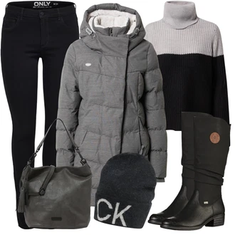 Outfit s Černá Nepromokavá kozačka/Jezdecká Bota/Dlouhá Kozačka/Klasická kozačka/Zimní Kozačka/Bota se širokým nohavici/Plochá kozačka nad koleno Rieker "Trendy Zimní Vzhled"
