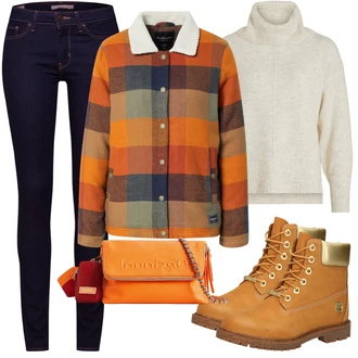 Recyklovaný materiál Outfit s Oranžová Kozačka Šněrovací Kotníková Bota Timberland "Trendy Zimní Vzhled"