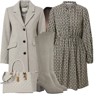 Zapínání na knoflíky Dlouhé Outfit s Šedá/Béžová/Zelená/Hnědá Košilové šaty/Šaty na Podzim/Šaty S Kosticí/Šaty S Potiskem/Šaty s dlouhým rukávem/Halenkové Šaty/Tvidové šaty/Zimní šaty s dlouhým rukávem About You "Trendy Zimní Vzhled"