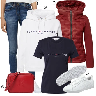 Outfit s Bílá/Růžová/Šedá/Krémová/Stříbrný/Vícebarevný Originální mikina/Svetr S Kapucí/Partnerská Mikina/Sportovní mikina/Mikina/Unisex Mikina S Kapucí/Vintage mikina/Dámský Svetr/Svetr s kapucí Tommy Hilfiger "Podzimní Outfit"
