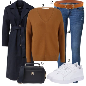 Outfit s Tmavě modrá/Světle modrá/Modrá Přechodový Kabát/Frock Kabát/Trenčkot/Dlouhý kabát/Lodenový kabát/Vlněný Kabát/Trenčkot/Zimní Kabát Vlněný kabát/Kašmírový Kabát/Midi Kabát/Dlouhý Kabát Only "Podzimní Outfit"