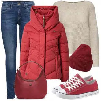 Zima Outfit sa Crvena Top/Dodatak/Zvonaste Hlače Ragwear "Udoban zimski outfit"