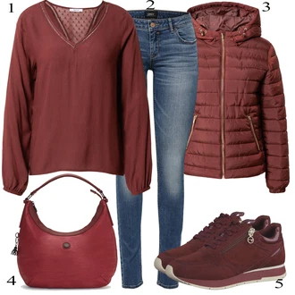 Elegantní Outfit s Červená/Tmavě červená/Vínová/Hnědá Halenkové Body/Halenkový Top/Kožená bunda/Crash blůza/Elegantní Halenka/Halenka s Dlouhým Rukávem/Otevřená Halenka/Oversize Halenka/Slip-on Halenka About You "Zimní Outfit"Look: Lehký, Styl, Boho, Romantický, Elegantní, Retro