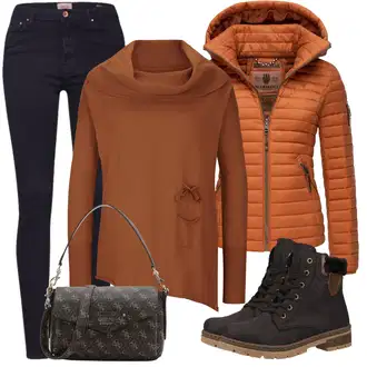 Outfit sa Narandžasta/Tamnocrvena/Crvena/Smeđa Kožna Jakna/Push-up Traperice/High Waist Traperice/Muška Kožna Jakna/Traperica Niskog Struka/Traperica Niskog Struka/Traperice Slim Kroja/Kožne Cipele/Trenerke Traperice/Bikerske Traperice Only "Udoban zimski outfit"