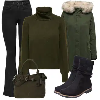 70-ich Outfit sa Crna Kožne Zvonaste Hlače/Lepršave Hlača/Tajica Zvonolikog Kroja/Hlače s Prorezom/Bootcut Hlača/Trapez Tajice Only "Udoban zimski outfit"Look: Stil, Rap, Boja, Techno, cool, Vanjski, 70-ich