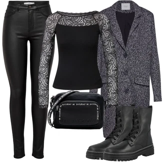 Outfit s Černá Šněrovací Bota/Zimní bota/Nízká bota na podpatku/Šněrovací Kotníková Bota Gabor "Zimní Outfit"