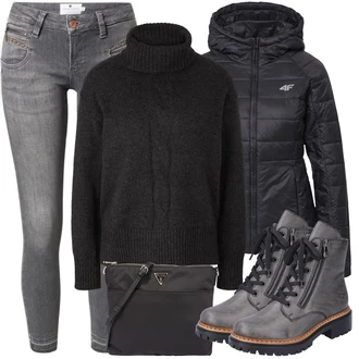 Outfit s Černá Dlouhé Šaty/Taška/Dlouhý Zimní Kabát/Doplňek/Dlouhá tylová sukně Guess "Zimní Outfit"