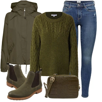 Outfit s Tmavě zelená Svetr s copánkovým vzorem/Vlněný Svetr/Norský Svetr/Pulovr s Pleteným Vzorem/Kašmírový Svetr/Pletený Svetr About You "zimní outfit"