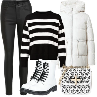Outfit s Bílá/Krémová Kozačka Šněrovací Kotníková Bota/Klasická Kozačka/Bojová Bota Dockers by Gerli "Zimní Outfit"