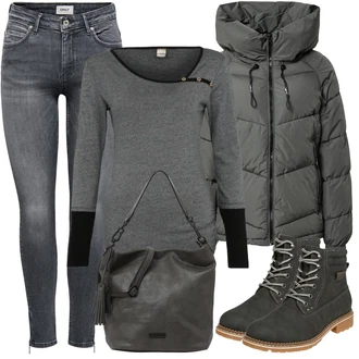 Outfit s Černá Šněrovací Bota/Kozačka Šněrovací Kotníková Bota/Nízká bota na podpatku/Zimní bota Rieker "Zimní Outfit"
