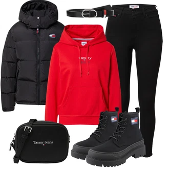 Outfit s Červená Mikina s kapucí/Mikina Tommy Jeans "zimní outfit"