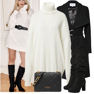 Prošívaný Dlouhé / Maxi Outfit s Dlouhá tylová sukně/Taška/Dlouhý Zimní Kabát/Doplňek/Dlouhé Šaty Guess "Zimní Outfit"
