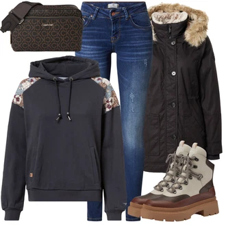 Outfit s Černá Dlouhá tylová sukně/Dlouhý Zimní Kabát/Pletený Oděv/Dlouhé Kardigany/Zvonová Kalhoty Ragwear "Zimní Outfit"