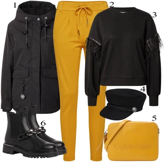 Outfit s Oranžová Dlouhé Šaty/Slim Fit Džíny/Dlouhé Kardigany/Dlouhý Svetr/Taška Přes Rameno/Dlouhý Zimní Kabát/Dlouhá tylová sukně/Doplňek Calvin Klein "Zimní Outfit"
