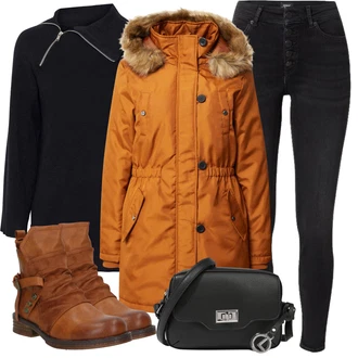 Outfit s Červená/Hnědá/Oranžová/Béžová Kozačka Kožená kotníková bota/Vintage Kotníková Bota/Kotníková Bota s Podšívkou/Plochá Kotníková Bota/Motorkářská bota/Bojová Bota Rieker "Zimní Outfit"