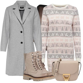 Norský vzor Outfit s Šedá/Růžová/Fialová Zimní Pletené Šaty/Svetrové Šaty/Zimní šaty s dlouhým rukávem/Pletené Šaty Only "Zimní Outfit"