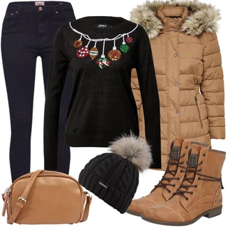 Outfit s Červená/Hnědá/Oranžová/Tmavě červená Kožená bunda/Motorkářské Džíny/Džíny s Nízkým Sedem/Slim Fit Džíny/Sweat Džíny/Push up Džín/Džín s Nízkým Pasem/High Waist Džínové Kalhoty/Kožená Pánská Bund/Kožené Boty Only "Zimní Nálada"