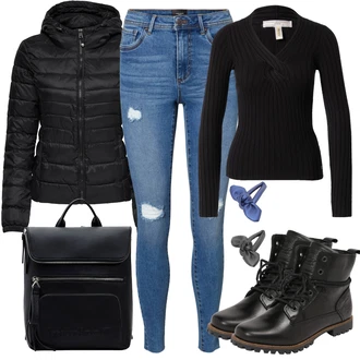 Outfit s Černá Kozačka Šněrovací Kotníková Bota/Bojová Bota/Motorkářská bota Dockers by Gerli "Zimní Nálada"