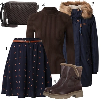 Outfit s Tmavě hnědá/Červená/Hnědá Kožená bunda/Ovčí Kožešinová Bota/Zimní kozačka z jehněčí kůže/Kožená kotníková bota/Kotníková Bota s Podšívkou/Vycpaná kozačka/Nepromokavá kozačka/Kožené pánské obuv/Zimní kotníková bota Tamaris "Zimní Outfit"