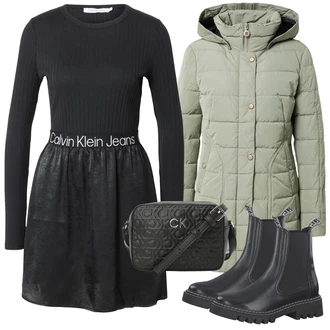 Outfit s Černá/Hnědá/Šedá/Tmavě šedá Pletené Šaty/Zimní šaty s dlouhým rukávem/Zimní Pletené Šaty/Šaty s dlouhým rukávem/Skater šaty/Svetrové Šaty Calvin Klein "Zimní outfity"