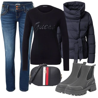 Outfity na zimu s Modrá/Tmavě modrá/Růžová Džín s Nízkým Pasem/Džíny s Nízkým Sedem/Kotníková Bota/Zimní bunda/Slim Fit Džíny/Kožené Boty/Rovná Džína/Kožená bunda LTB "Zimní outfity"