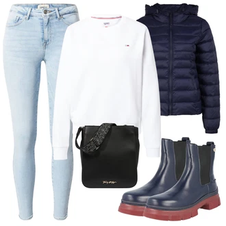 Kůže Outfit s Modrá Kozačka Kotníková Bota s Podšívkou/Westernová Kotníková Bota/Plochá Kotníková Bota/Slim Fit Džíny/Zimní bota Tommy Hilfiger "Zimní outfity"