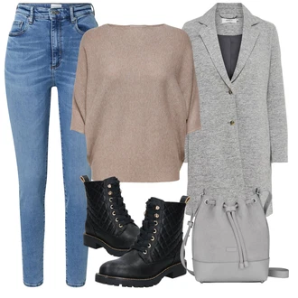 Prošívaný Outfit s Černá Šněrovací Kotníková Bota/Kožená bunda/Vycpaná kozačka/Gumová Kotníková Bota/Bojová Bota/Klasická kozačka/Plochá Kotníková Bota/Kozačka se zipem/Šněrovací Kozačka About You "Zimní outfity"