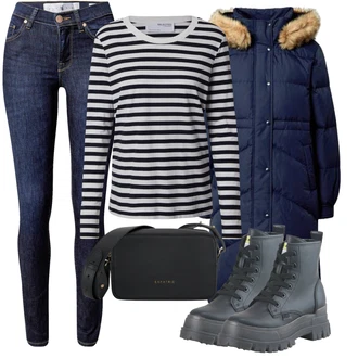 Lehké Outfit s Černá/Tmavě modrá/Modrá Šněrovací Kotníková Bota/Kožená bunda/Bojová Bota/Plochá Kotníková Bota/Šněrovací Kozačka na Platformě/Gumová Kotníková Bota Buffalo "Zimní outfityդ"