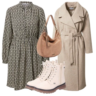 Zapínání na knoflíky Dlouhé Outfit s Šedá/Béžová/Zelená/Hnědá Košilové šaty/Šaty na Podzim/Šaty S Kosticí/Šaty S Potiskem/Šaty s dlouhým rukávem/Halenkové Šaty/Tvidové šaty/Zimní šaty s dlouhým rukávem About You "Zimní outfity"