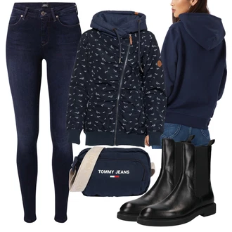 Outfit s Modrá/Tmavě modrá/Světle modrá/Šedá/Oranžová Podzimní bunda/Bunda s Kapucí/Jacquard Bund/Otočná Bunda/Plachtařská bunda/Udržitelná bunda/Tradiční pletená bunda/Větrovka Alife and Kickin "Zimní outfity"