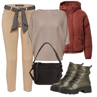 Outfit s Béžová/Hnědá/Khaki Twillová Kalhoty/Bavlněná Kalhoty/Boyfriend Kalhoty/Ležérní Kalhoty/Kalhoty s 5 kapsami/Rovná Kalhoty Marc O'Polo "Zimní outfity"