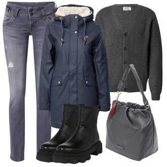 Slouchy Outfit s Černá Kozačka Motorkářská bota/Bota na Platformě/Chelsea Boty/Kotníková Bota s Podšívkou/Kožená kotníková bota/Plochá Kotníková Bota About You "Zimní outfity"