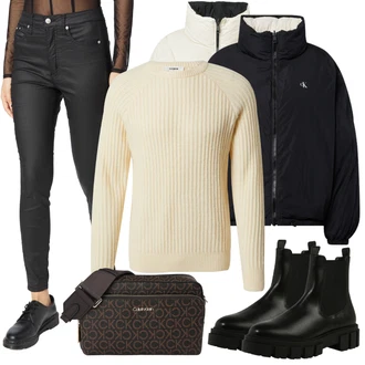 Outfit s Černá Dlouhá tylová sukně/Taška/Doplňek/Dlouhé Šaty/Dlouhý Zimní Kabát Calvin Klein "Zimní outfity"