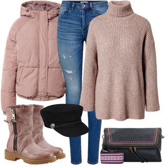 Outfit s Černá/Tmavě modrá/Šedá Kšiltovka Armádní Čepice About You "Zimní outfity"