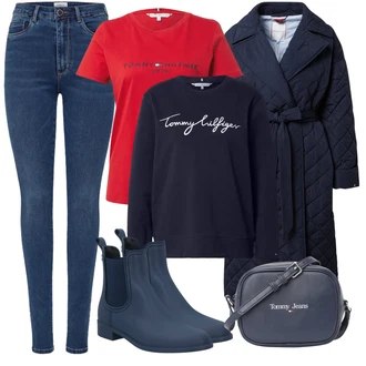 Outfit s Šedá Dlouhé Šaty/Taška/Dlouhá tylová sukně/Doplňek/Dlouhý Zimní Kabát Tommy Jeans "Zimní outfity"