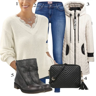 Outfit s Žlutá/Bílá/Béžová Basic Svetr/Kašmírový Svetr/Vodopádový Svetr/Svetr z Jemné Pleteniny/Kašmírový Svetr/Svetr Niki/Jednoduchý Svetr/Svetr s Třásněmi/Termo Svetr/Svetr s V-výstřihem/Vlněný Svetr Lascana "Zimní Outfit"