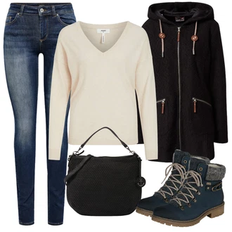 Outfit s Černá Šněrovací Bota/Zimní bota/Nízká bota na podpatku/Kozačka Šněrovací Kotníková Bota Rieker "Zimní outfity"