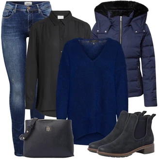 Zakopčaj dolje Outfit sa Crna/Tamnoplava/Smeđa Slip-on Bluza/Poslovna Bluza/Bluza s Podignutim Ovratnikom/Izvanredna Bluza/Bluza s gumbom/Bluza Dugih Rukava/Bluza koja se ne pegla Vila "Zimski outfit za slobodno vrijeme"