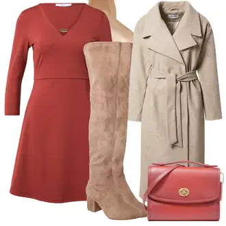 A-kroj Outfit sa Crvena/Tamnocrvena/Smeđa Haljina Veći Broj/Tunika About You "Božićni outfit"Look: A-kroj, Preodjeven, Mom, Elegantan