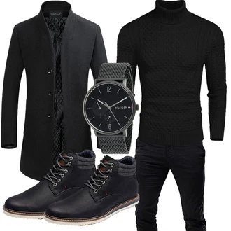 Outfit mit Schwarz/Dunkelblau/Dunkelgrau Schmal Geschnittener Mantel/Kaschmir Mantel/Wollfleece Mantel/Wintermantel Wollmantel YOUTHUP "Business Outfit"
