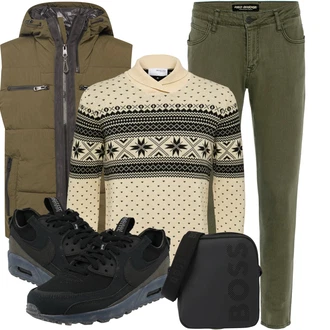 Outfit mit Beige/Khaki/Creme Vintage Pullover/Pullover Bedrucken/Norweger Pullover/Wollpullover/Strickpullover/Kaschmir Pullover/Jacquard Pullover/Winterpullover SELECTED HOMME "Cooles Herbst Outfit"