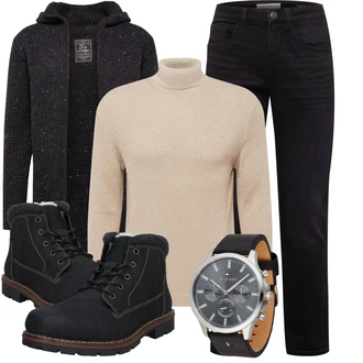 Outfit mit Schwarz/Dunkelgrau Wolle Strickjacke/Strickjacke Gefüttert/Winter Strickjacke/Boucle Strickjacke/Lange Strickjacken Key Largo "Cooles Herbst Outfit"