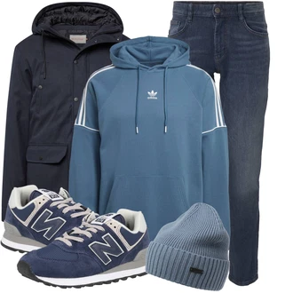 Retro Outfit mit Blau/Hellblau/Dunkelblau/Grau Schnürschuh/Schnürer/Sneaker Low/Schmaler Sneaker/Vintage Sneaker/Walkingschuh/Winter Sneaker New Balance "Cooles Winter Outfit"Look: Esthetische, Casual, Classic, Metal, Retro, Smart Casual, Sportlich, Unisex, Workwear, Schön, Outdoor